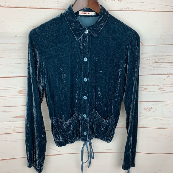 Johnny Was Tops - Johnny Was | Teal Green Crushed Velvet Button Top